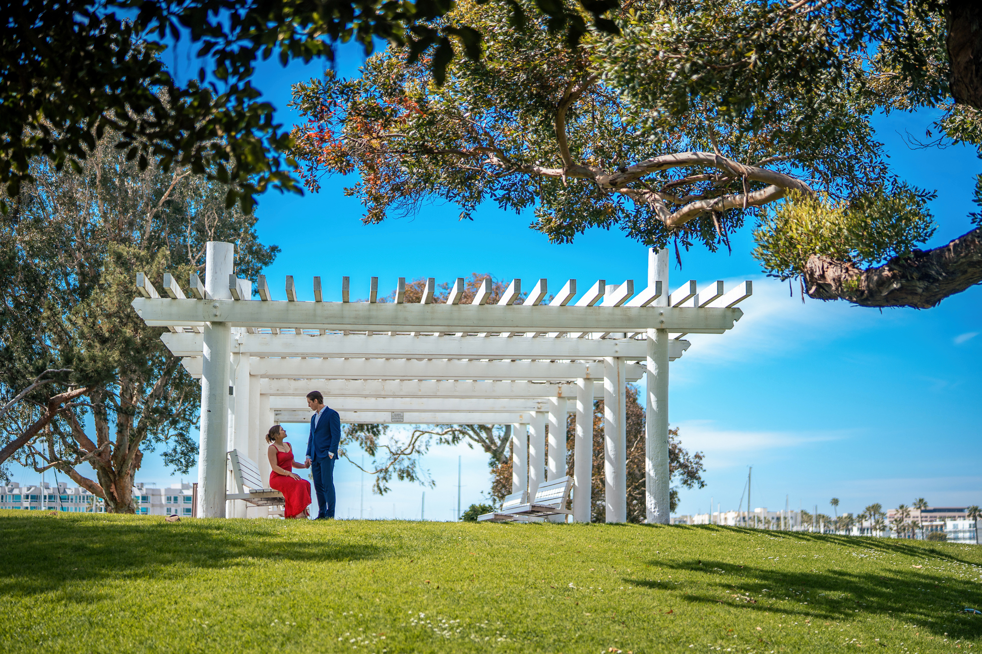 ThomasKim Photography Los Angeles Wedding Photographer A couple standing under a pergola on a grassy area, facing each other.