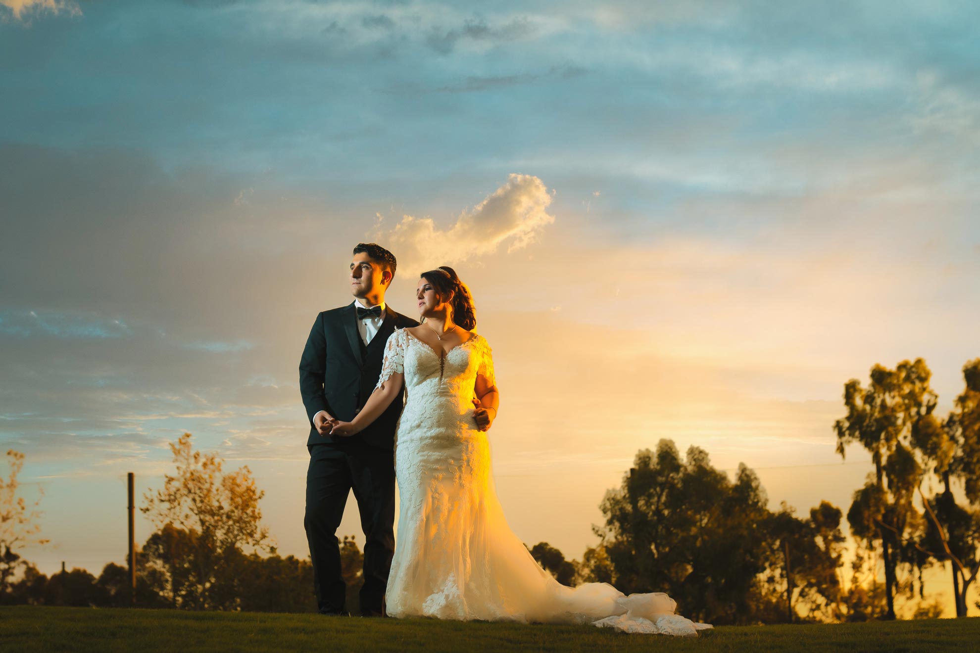 A bride in a white gown and groom in a black suit stand together outdoors at sunset, holding hands and looking in the same direction. Trees and a cloudy sky are in the background.