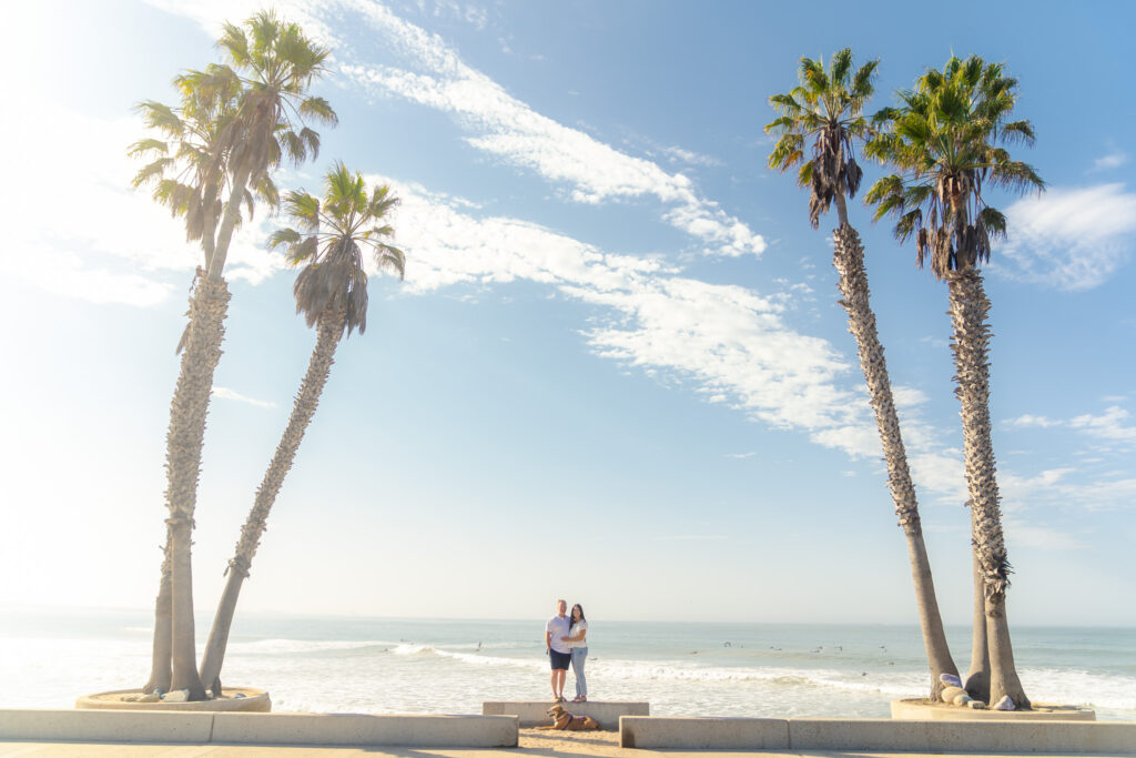 A couple stands on a low wall between leaning palm trees by the ocean, with blue sky and scattered clouds in the background.