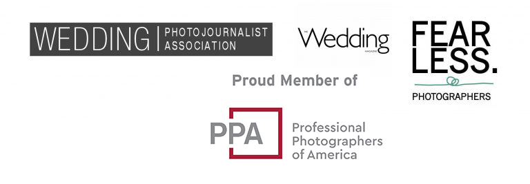 ThomasKim Photography Los Angeles Wedding Photographer Logos of Wedding Photojournalist Association, Wedding, Fearless Photographers, and Professional Photographers of America with the text "Proud Member of.