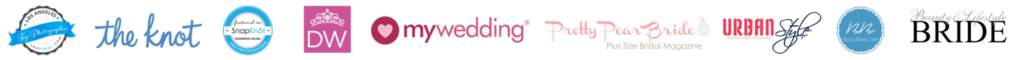 ThomasKim Photography Los Angeles Wedding Photographer A row of nine wedding-related logos in various fonts and colors displayed on a light background.