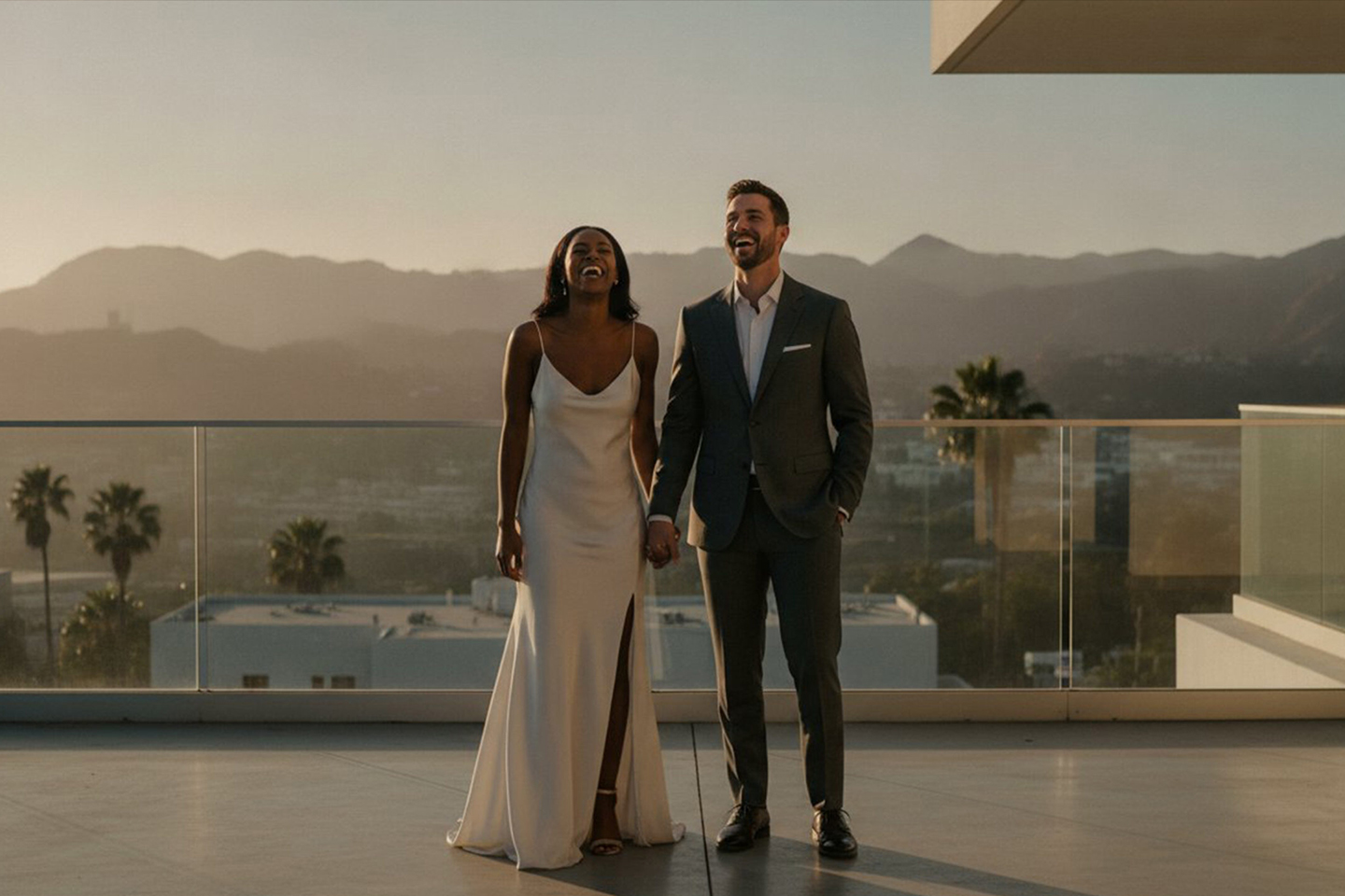 A woman in a white dress and a man in a suit stand holding hands on a balcony at sunset, with mountains and city buildings in the background.