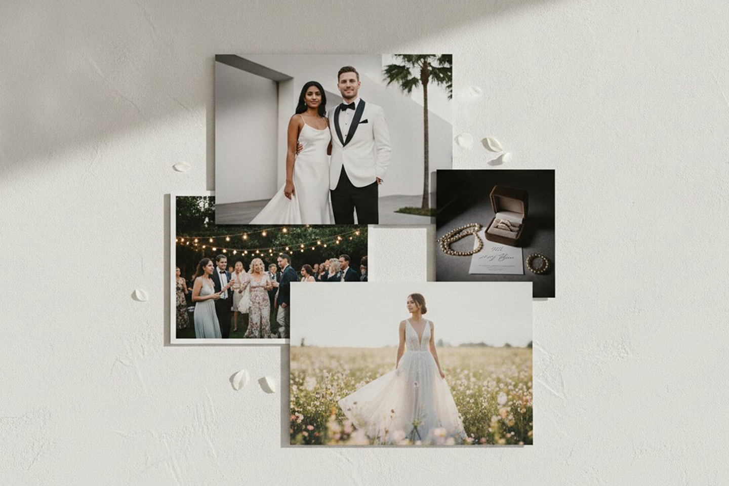 Four wedding-themed photos on a white surface: a couple, a bride outdoors, a group celebration, and a jewelry set in a box.