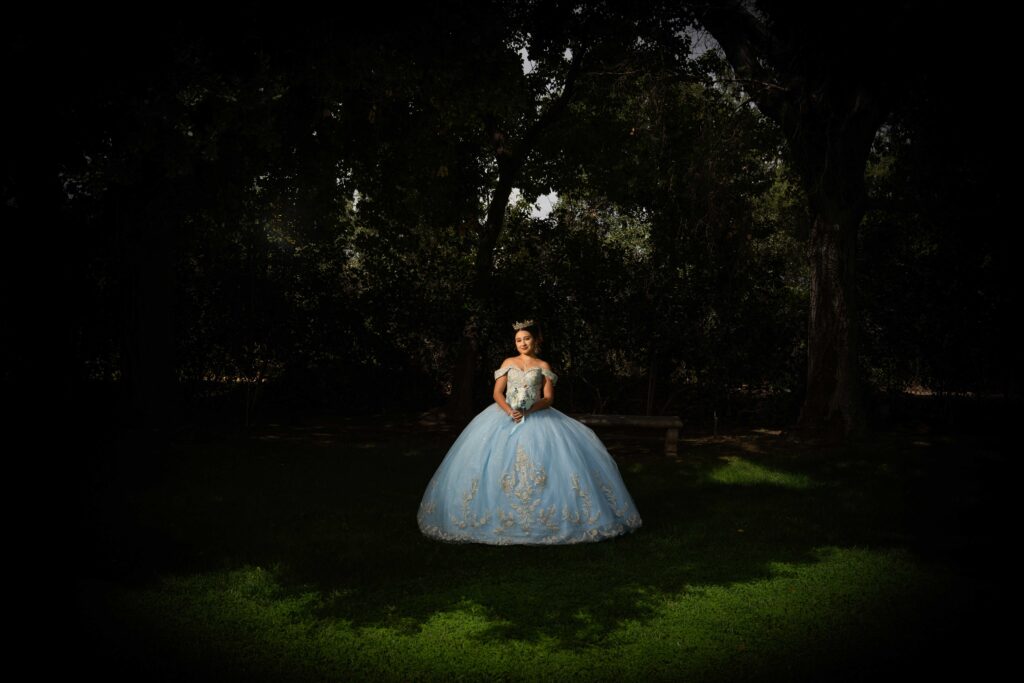 A young woman in a light blue ball gown stands on grass, facing the camera, with trees and dark shadows in the background.