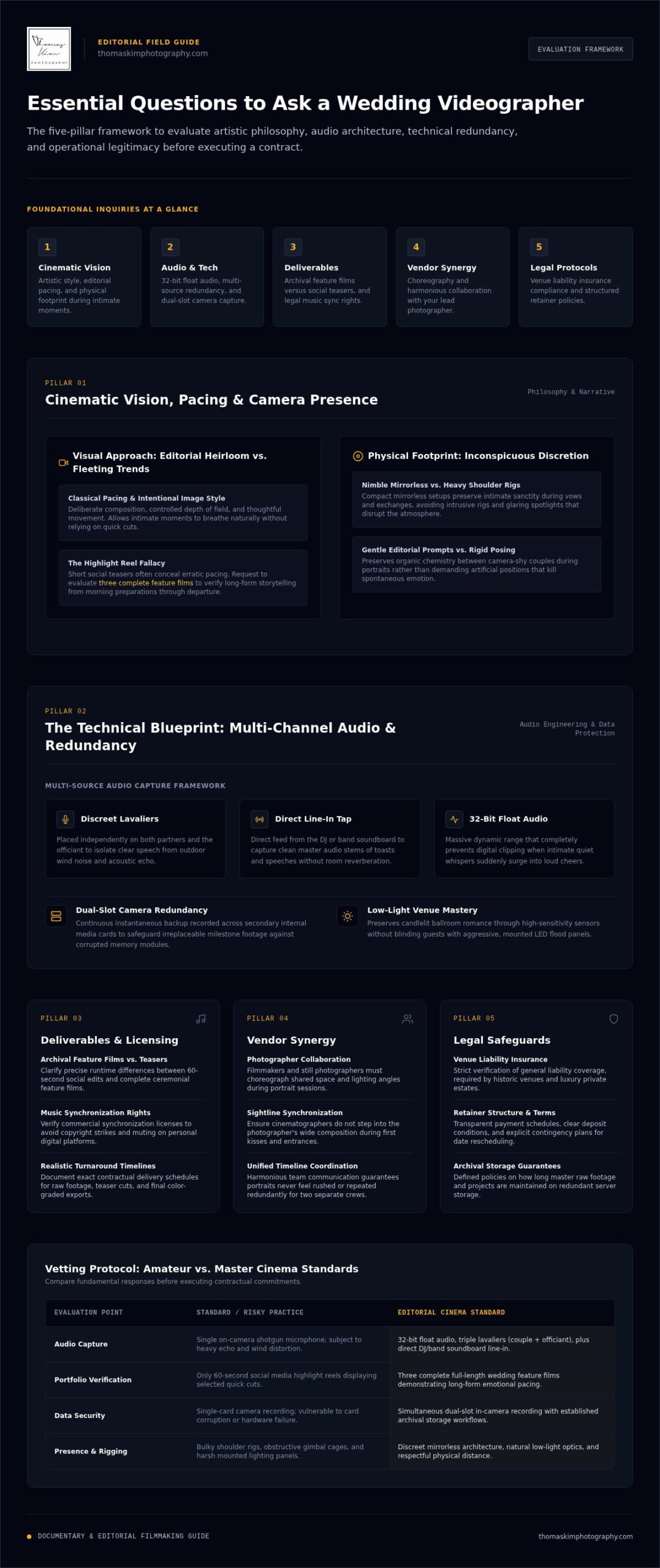 Essential Questions to Ask a Wedding Videographer Before Booking 2026 Checklist - Infographic - Thomas Kim Photography | Luxury Wedding Photographer Essential questions to ask a wedding videographer before booking (2026 checklist)