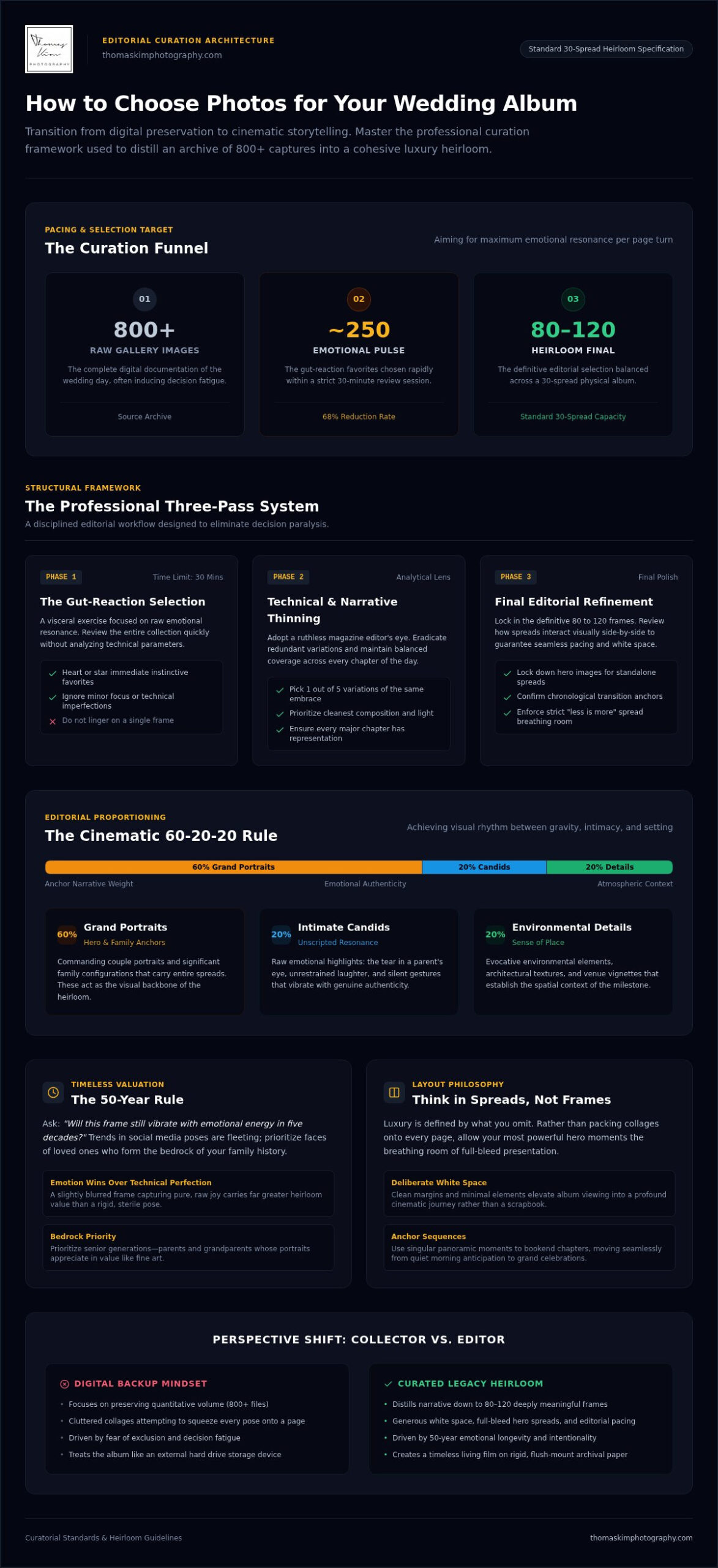 How to Choose Photos for Your Wedding Album A Masterpiece of Legacy - Infographic - Thomas Kim Photography | Luxury Wedding Photographer How to choose photos for your wedding album: a masterpiece of legacy