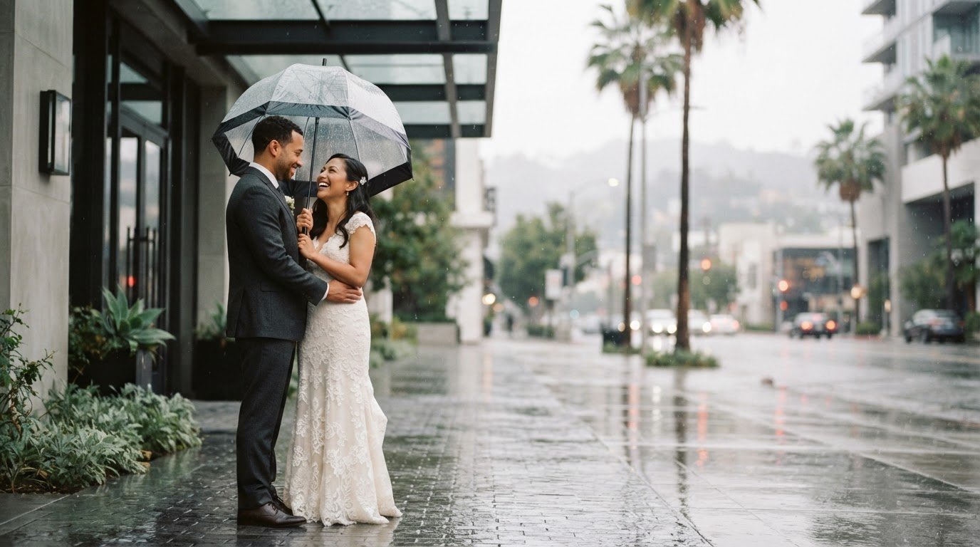 Rainy day wedding photo ideas in los angeles: make the weather part of the story